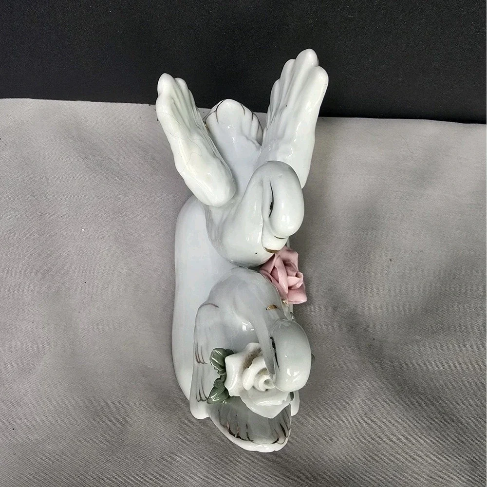 Porcelain Swan Figurine Vintage MCM Inspired Love Roses 4.5x3